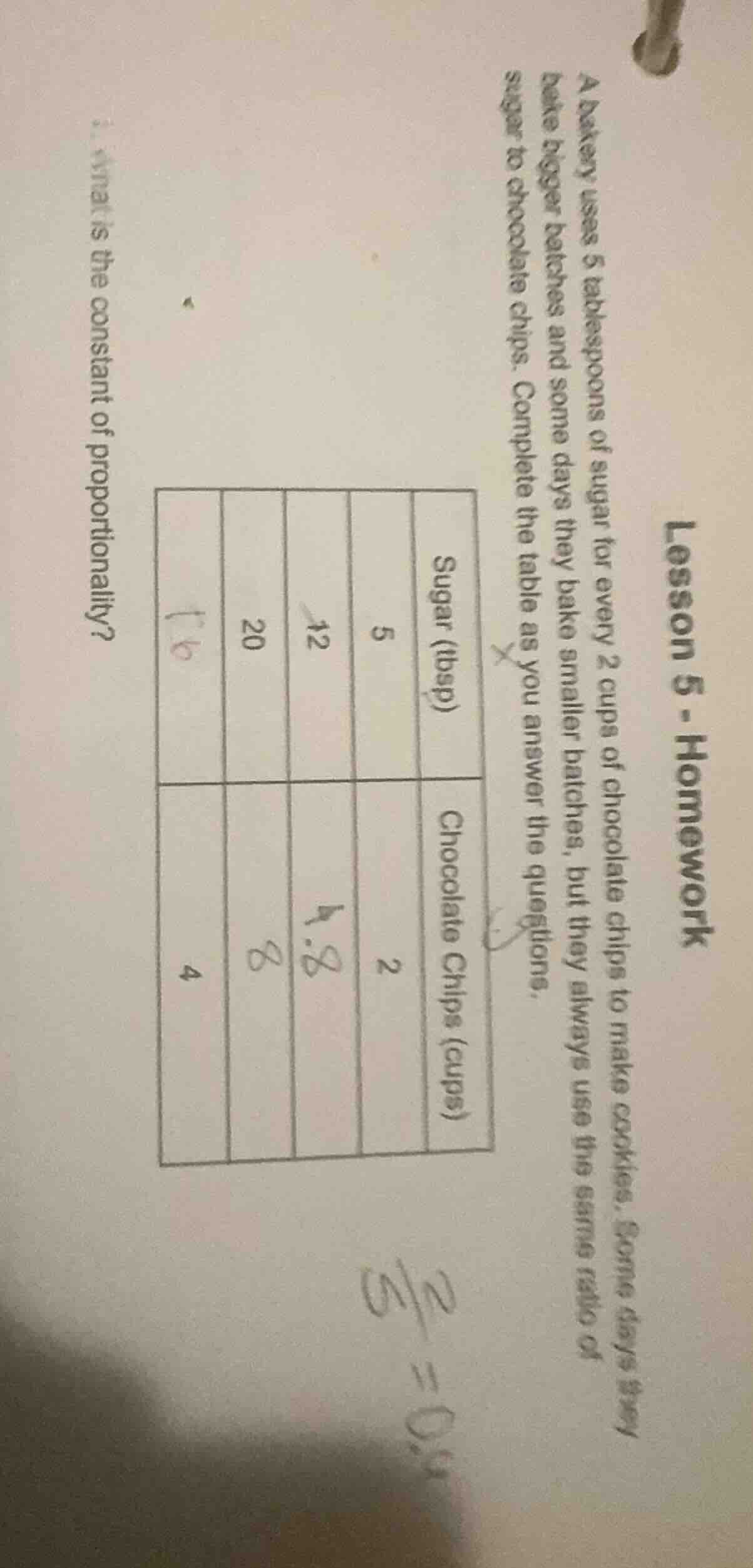 lesson 5 - homework a bakery uses 5 tablespoons of sugar for every 2 cu…