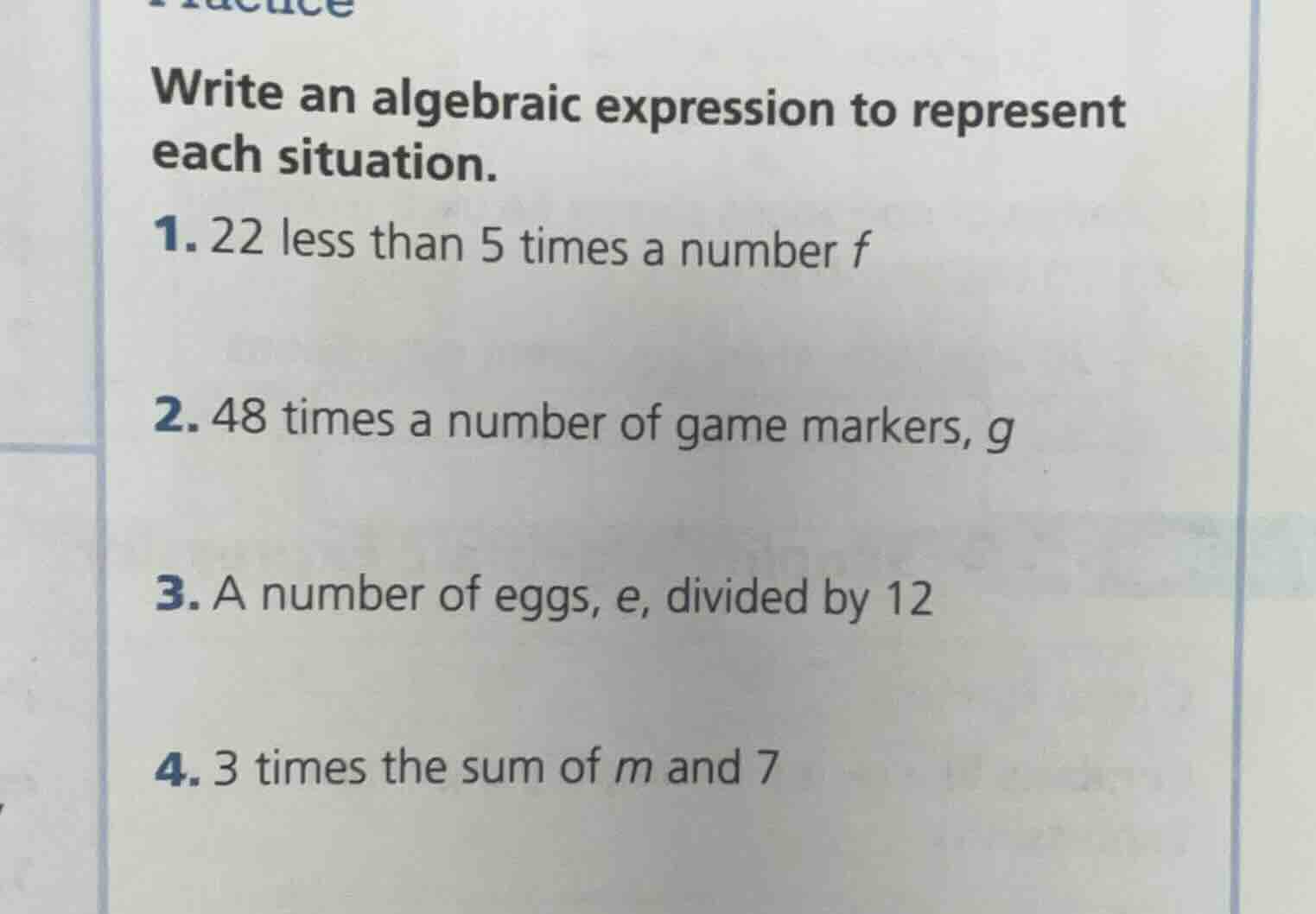 write an algebraic expression to represent each situation. 1. 22 less t…