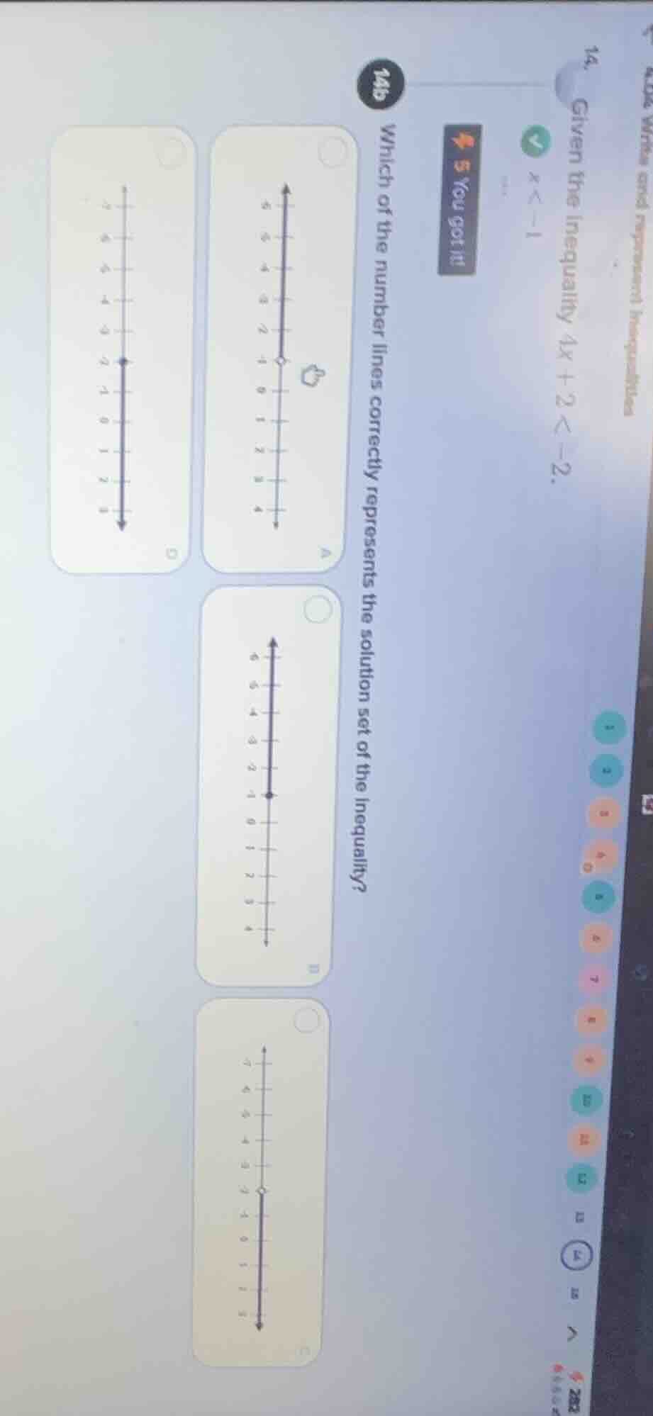 14. given the inequality (4x + 2 < -2), (x < -1)\ 14b which of the numb…