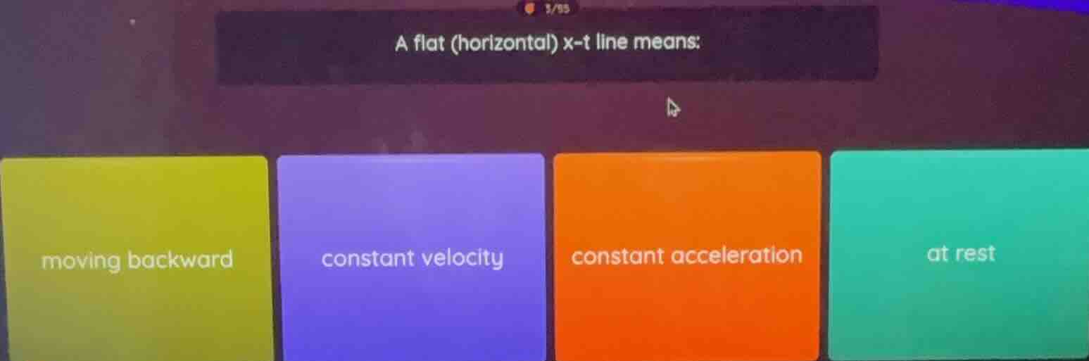 a flat (horizontal) x-t line means: moving backward constant velocity c…
