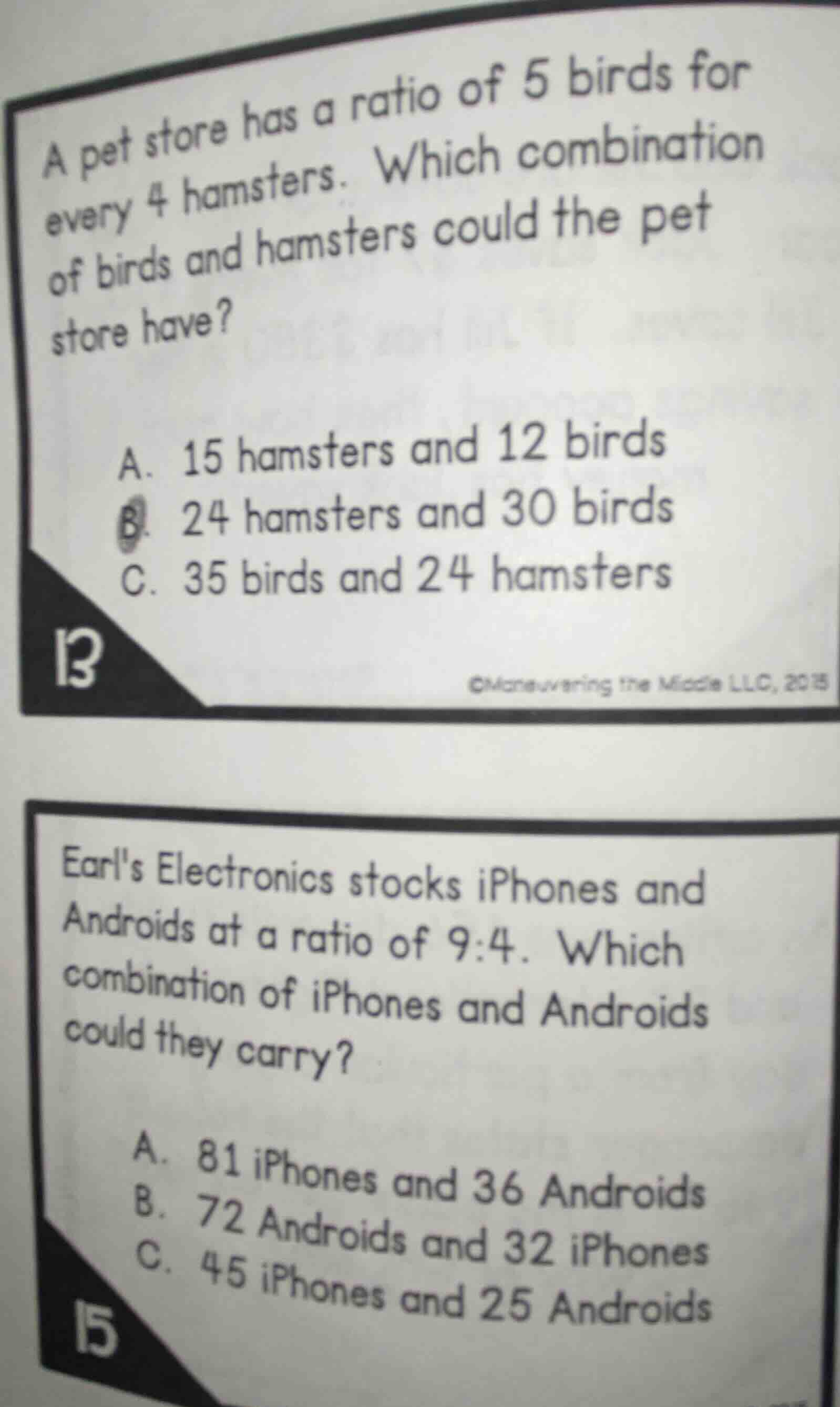 a pet store has a ratio of 5 birds for every 4 hamsters. which combinat…