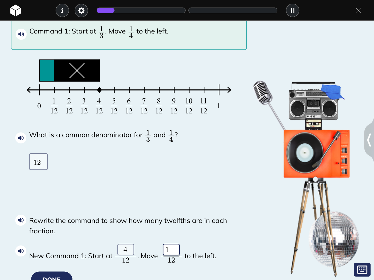 command 1: start at \\(\\frac{1}{3}\\). move \\(\\frac{1}{4}\\) to the …