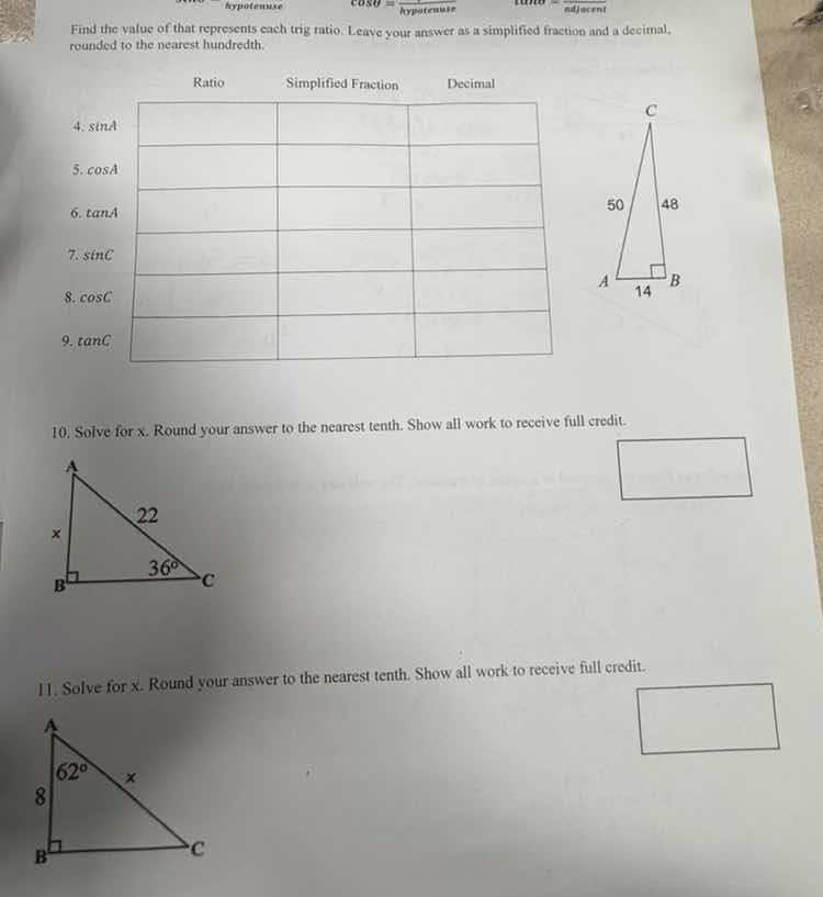 find the value of that represents each trig ratio. leave your answer as…