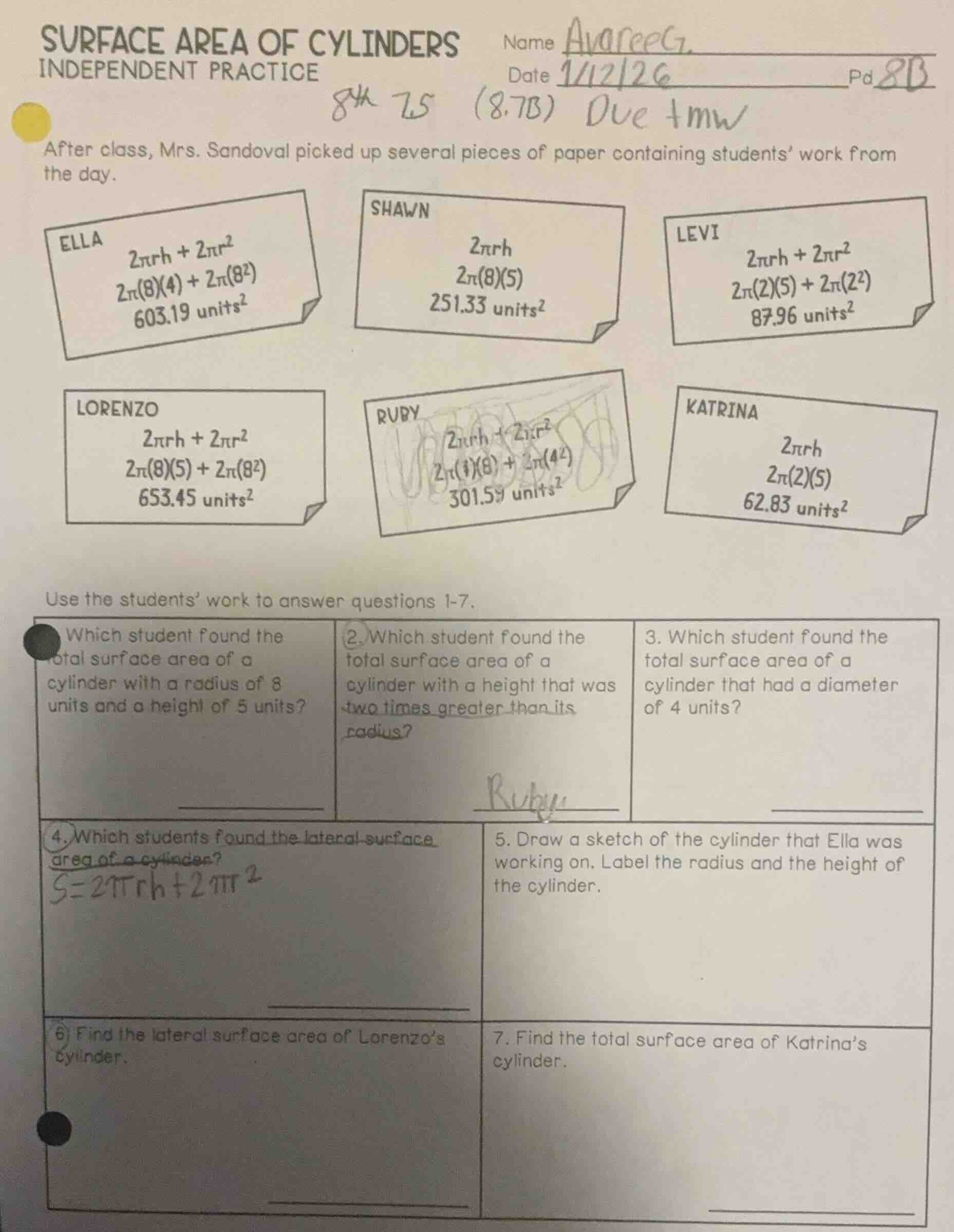 surface area of cylinders independent practice name avareeg date 1/12/2…