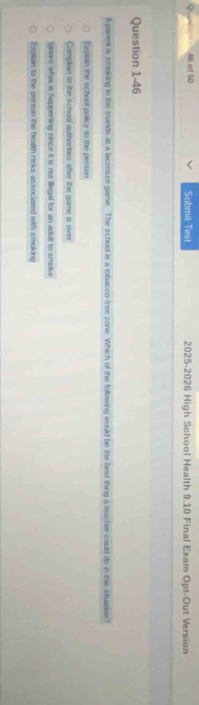 question 1-46 a parent is smoking in the stands at a lacrosse game. the…