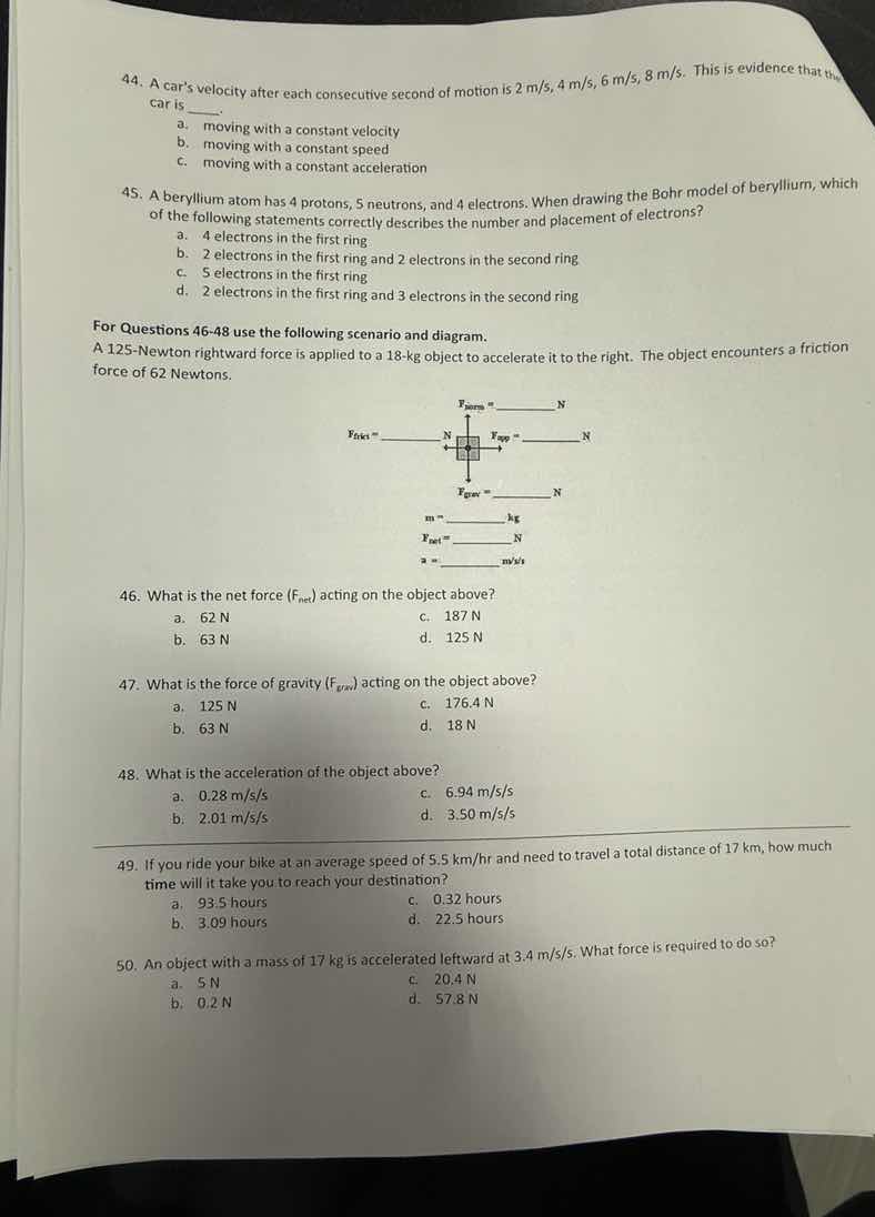 44. a cars velocity after each consecutive second of motion is 2 m/s, 4…