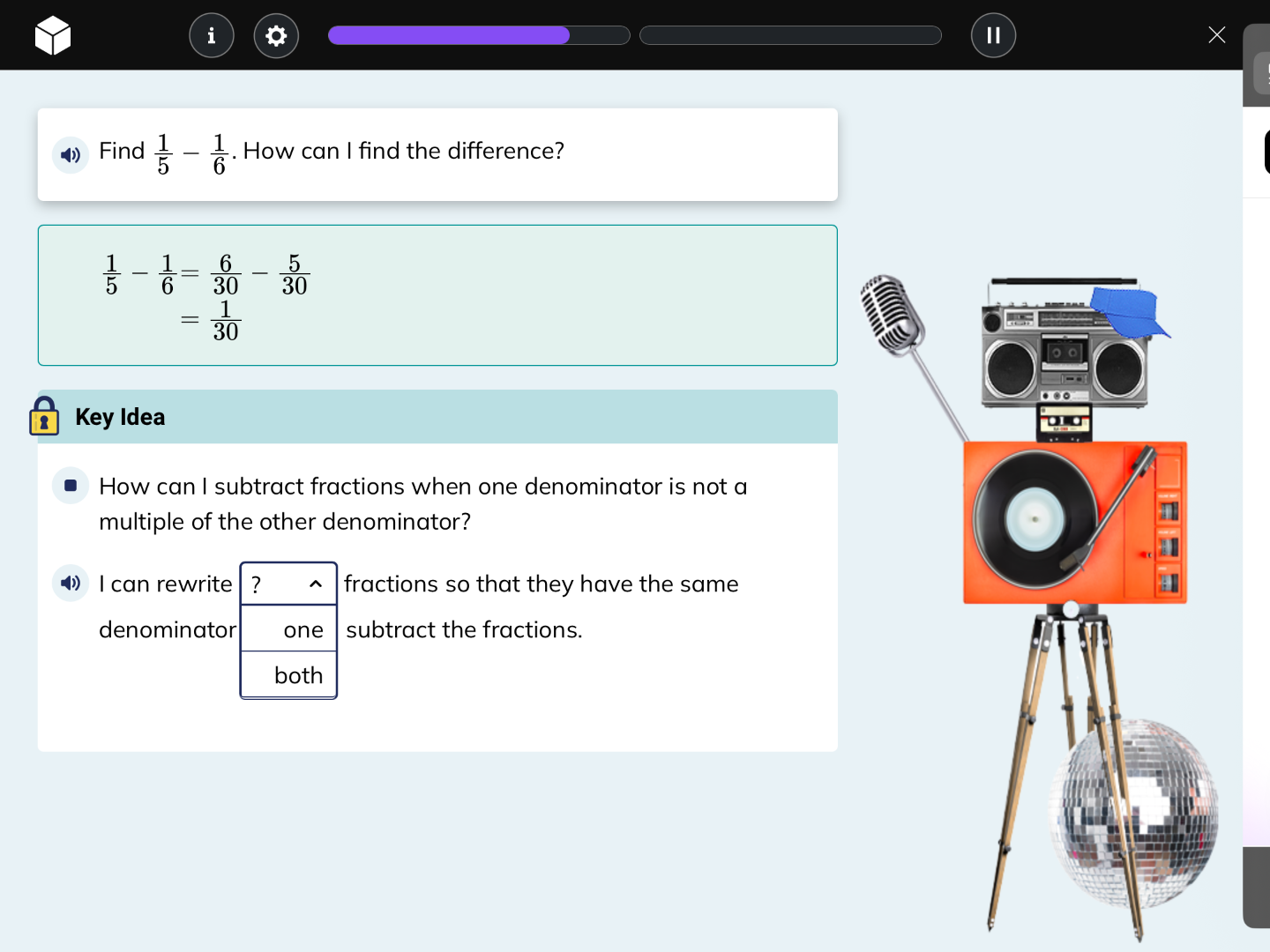 find \\(\\frac{1}{5} - \\frac{1}{6}\\). how can i find the difference? …