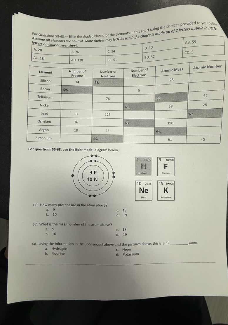 for questions 58-65 --- fill in the shaded blanks for the elements in t…