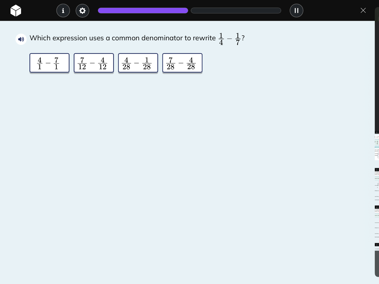 which expression uses a common denominator to rewrite \\(\\frac{1}{4} -…