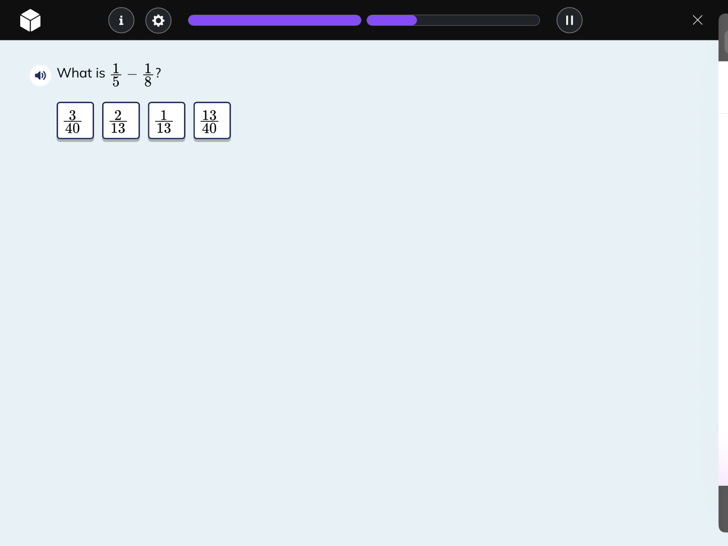 what is \\(\\frac{1}{5} - \\frac{1}{8}\\)? \\(\\frac{3}{40}\\) \\(\\fra…