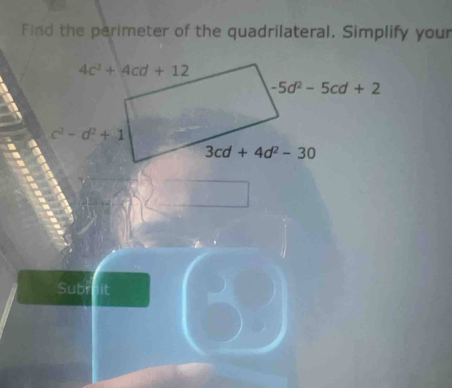 find the perimeter of the quadrilateral. simplify your $4c^2 + 4cd + 12…
