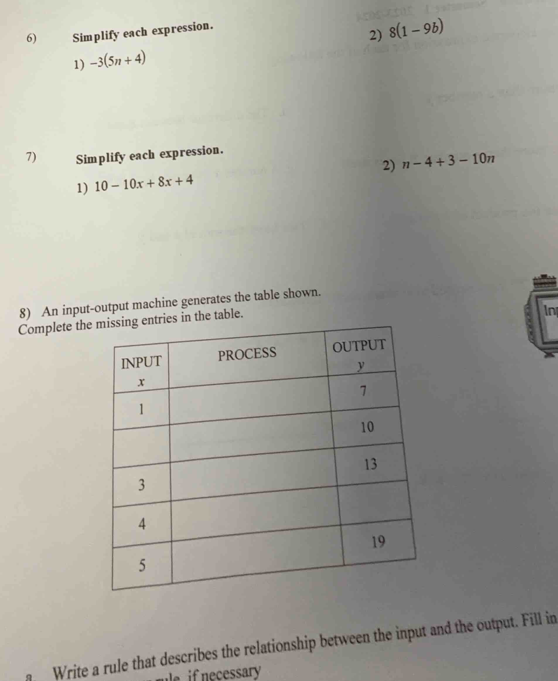 6) simplify each expression. 1) $-3(5n + 4)$ 2) $8(1 - 9b)$ 7) simplify…