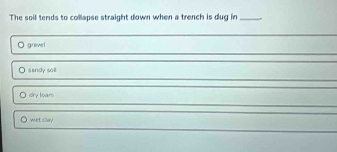 the soil tends to collapse straight down when a trench is dug in _____.…