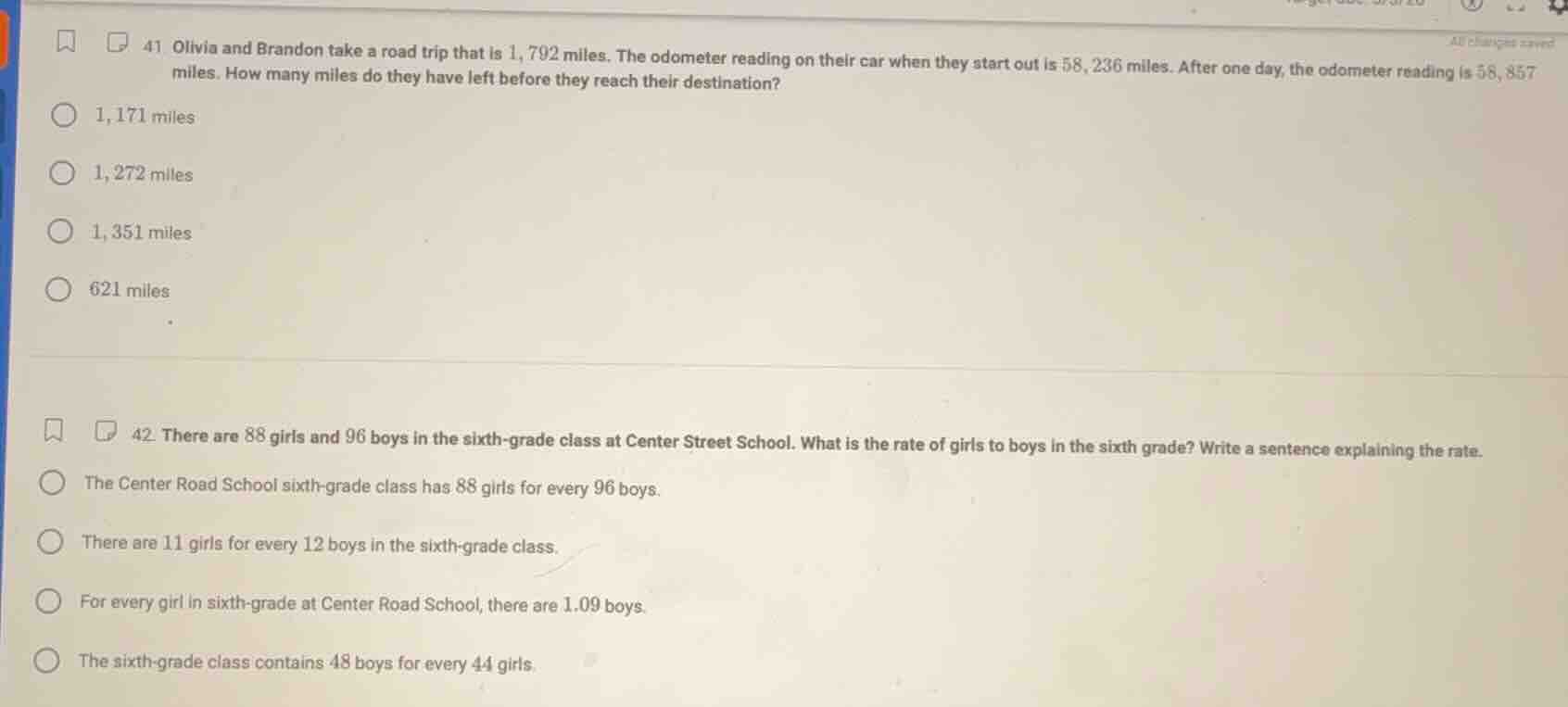 41 olivia and brandon take a road trip that is 1,792 miles. the odomete…