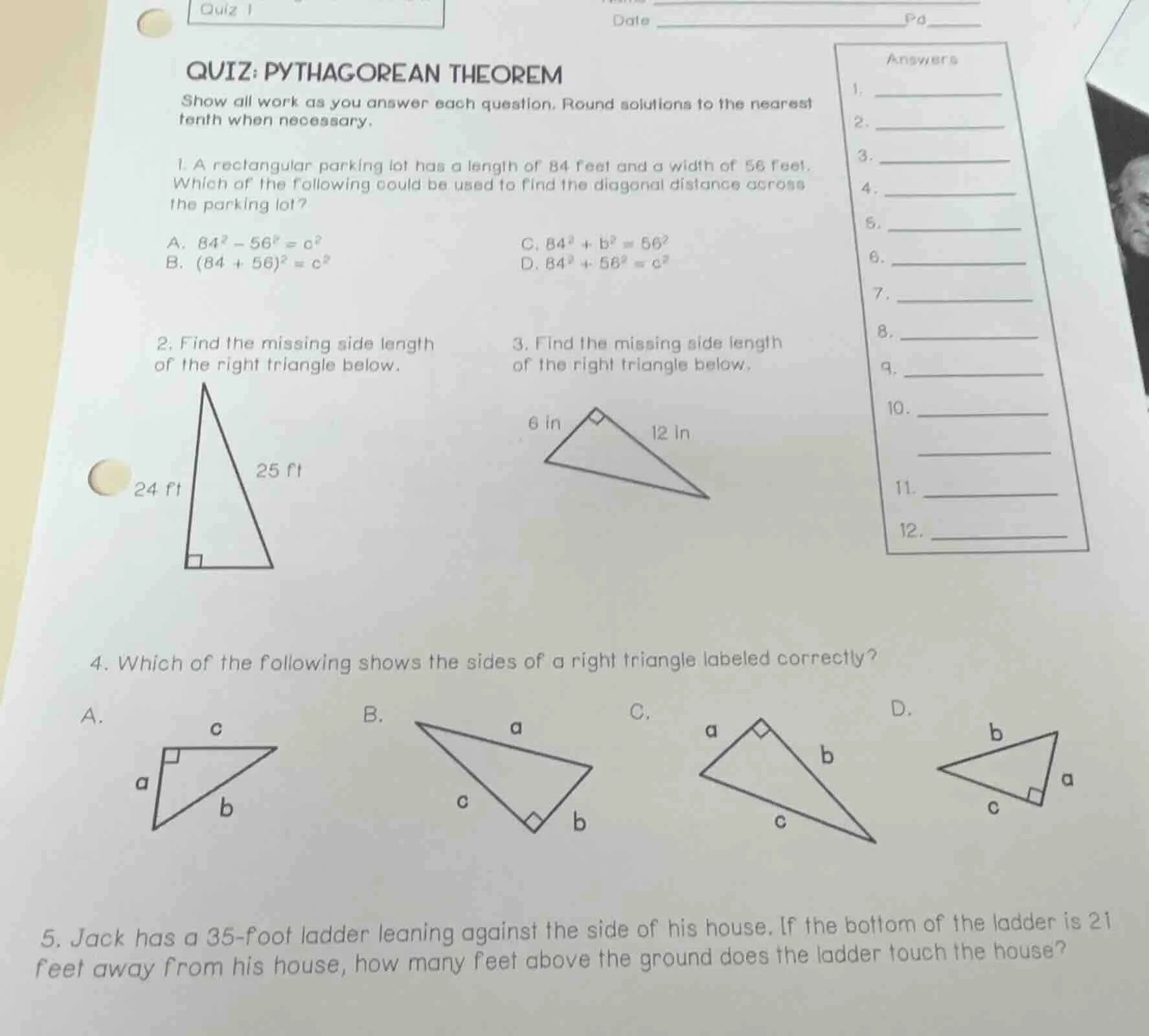 quiz 1 date ______ pd ______ quiz: pythagorean theorem show all work as…