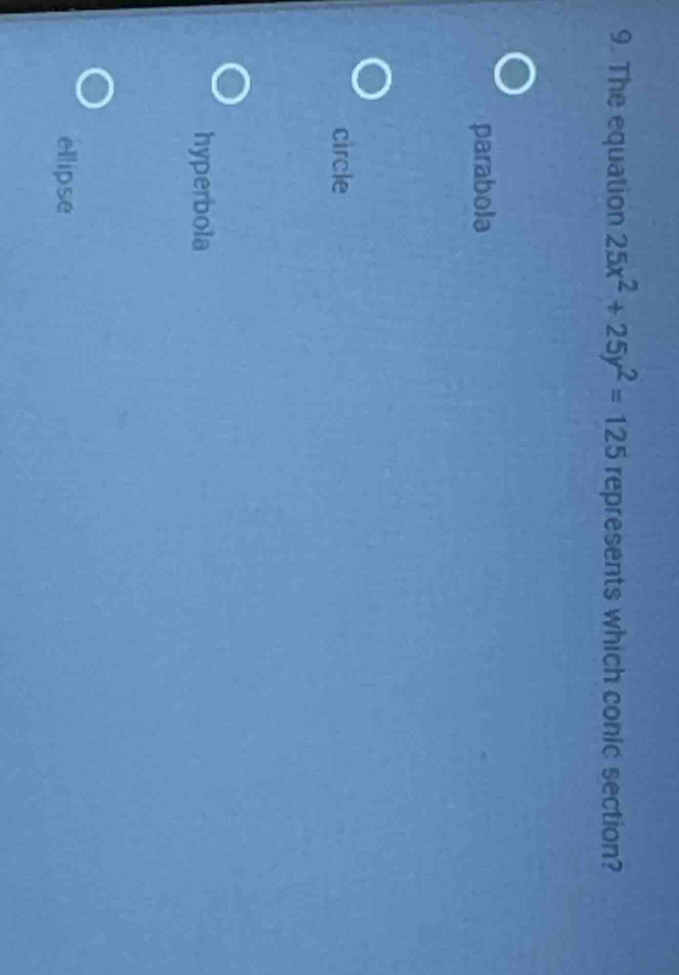 9. the equation $25x^2 + 25y^2 = 125$ represents which conic section? o…