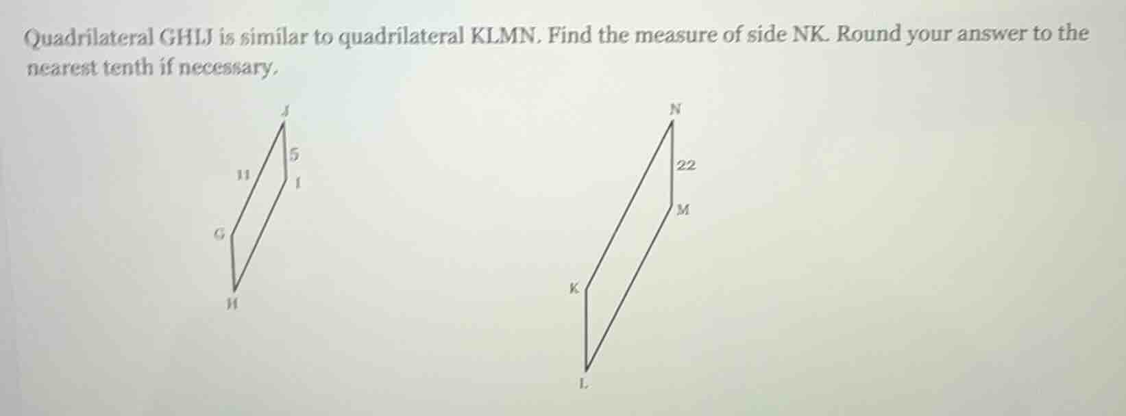 quadrilateral ghlj is similar to quadrilateral klmn. find the measure o…