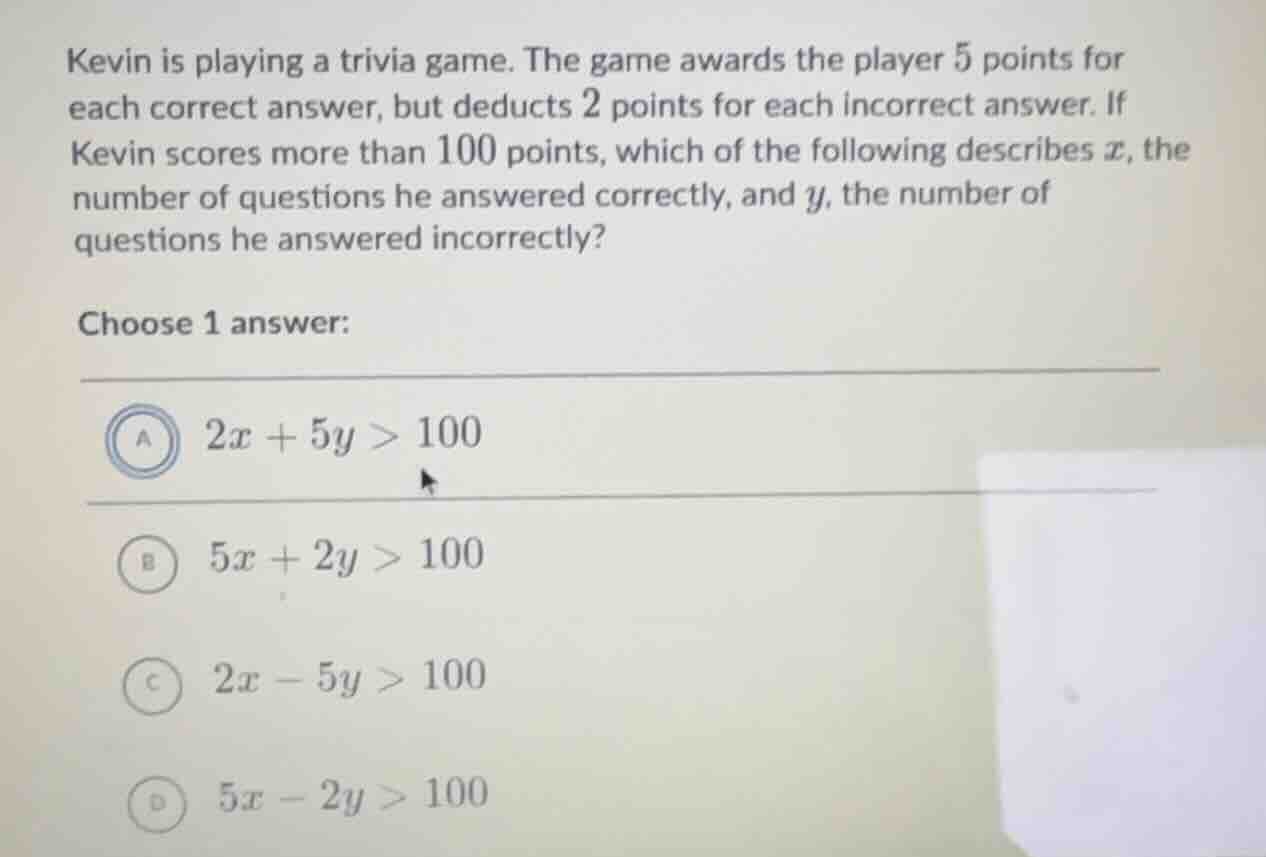 kevin is playing a trivia game. the game awards the player 5 points for…