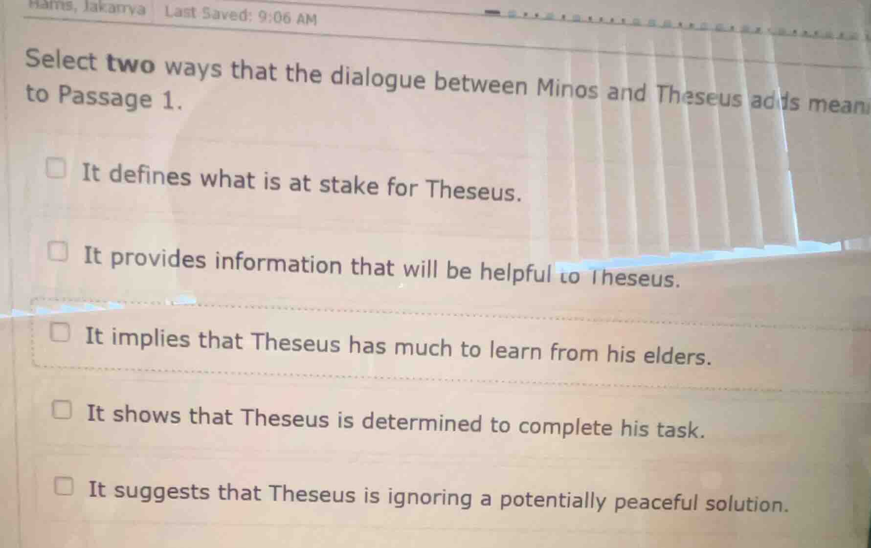select two ways that the dialogue between minos and theseus adds mean t…