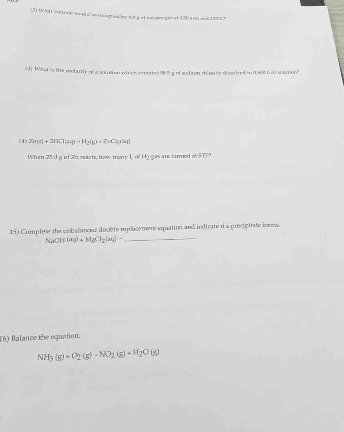 12) what volume would be occupied by 4.8 g of oxygen gas at 0.50 atm an…