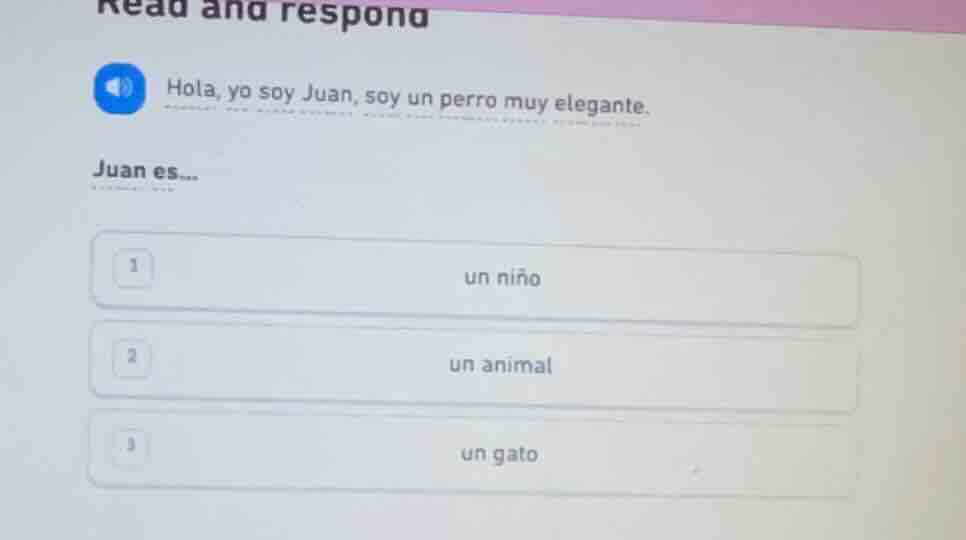 read and respond hola, yo soy juan, soy un perro muy elegante. juan es.…