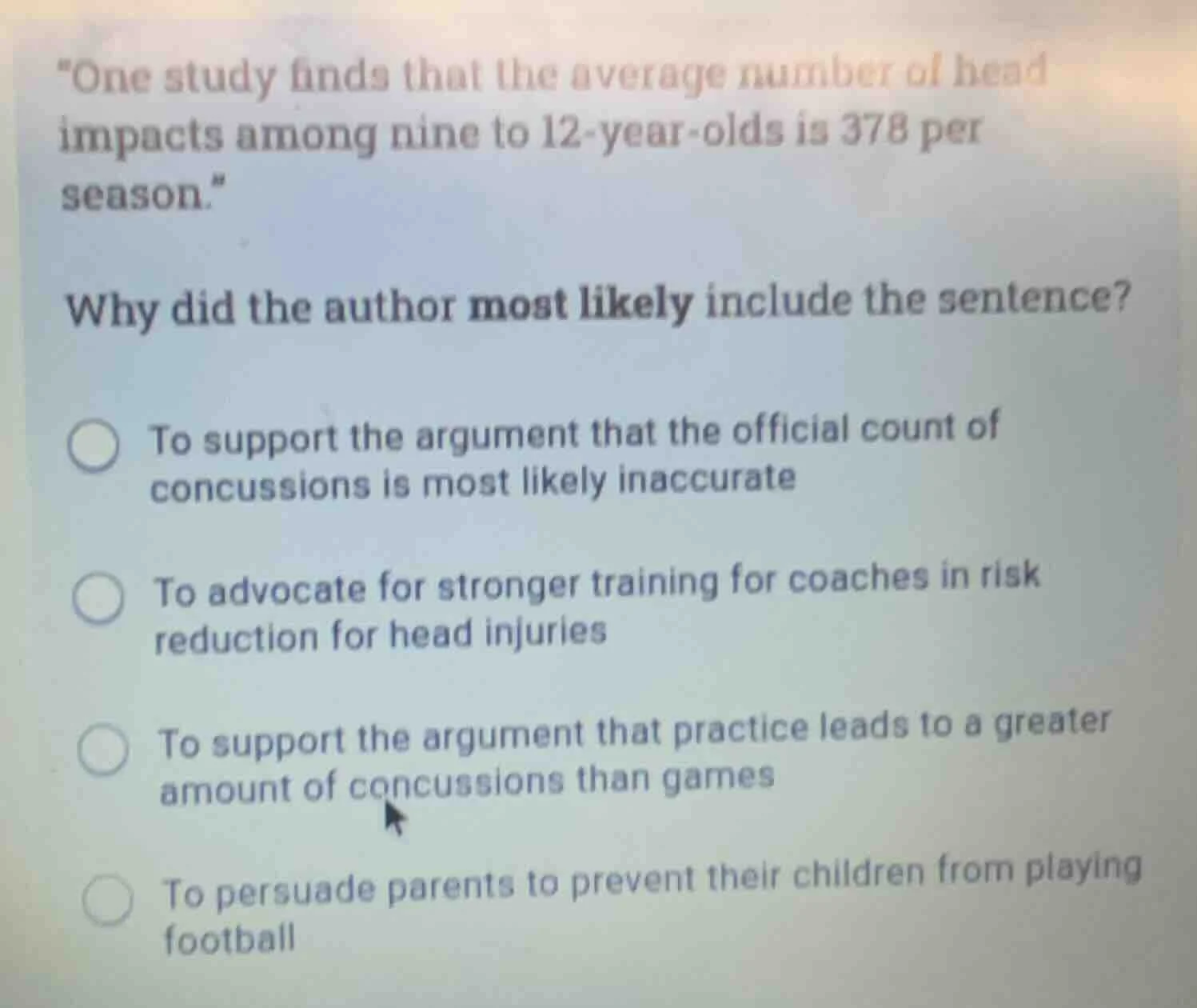 one study finds that the average number of head impacts among nine to 1…