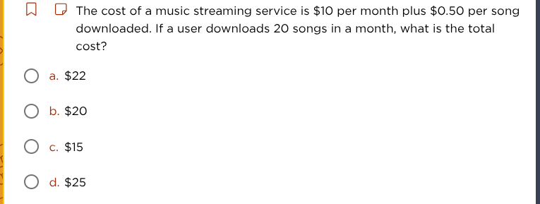 the cost of a music streaming service is $10 per month plus $0.50 per s…