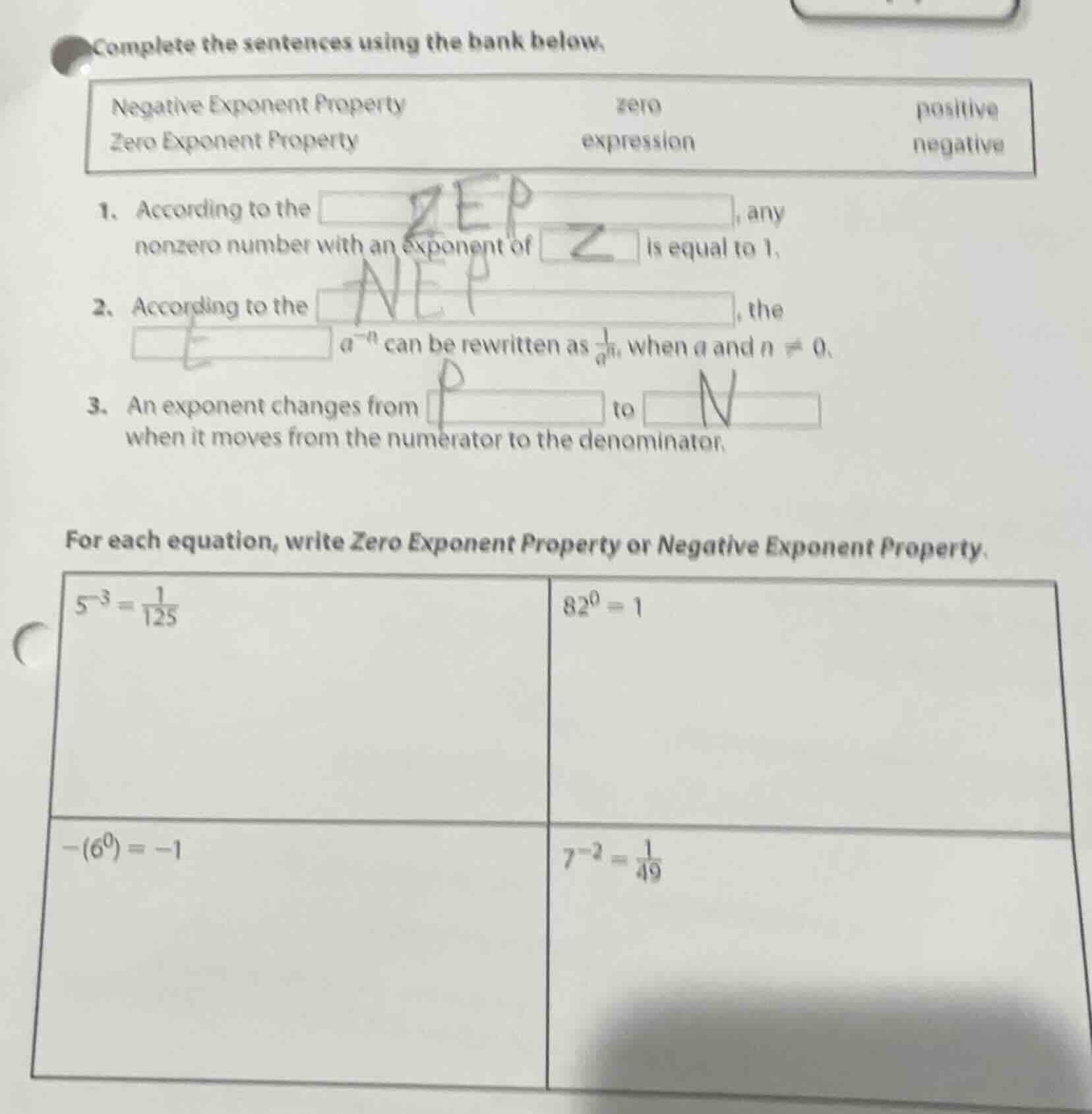 complete the sentences using the bank below. negative exponent property…