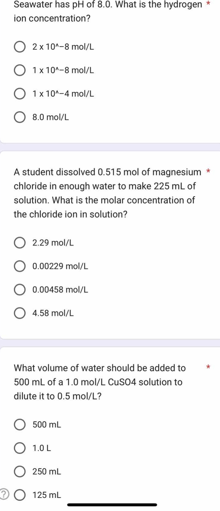seawater has ph of 8.0. what is the hydrogen ion concentration? 2 x 10^…