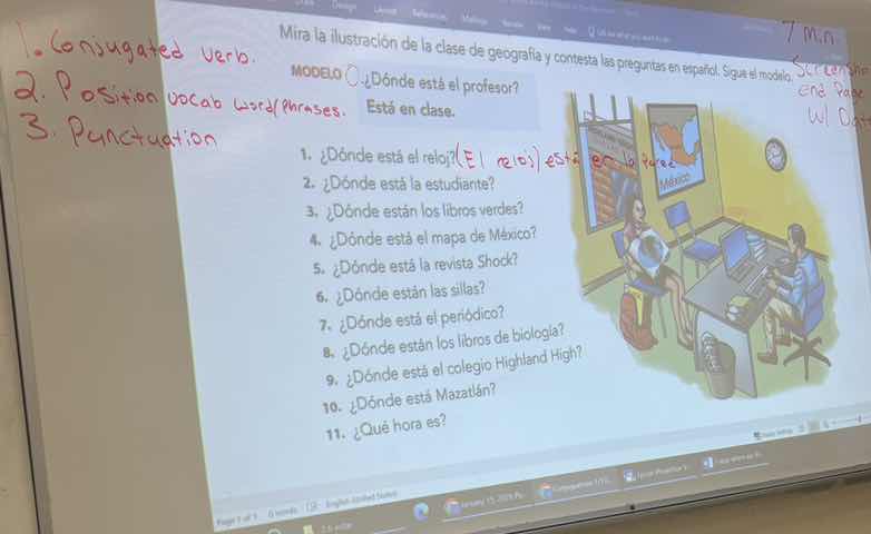 mira la ilustración de la clase de geografía y contesta las preguntas e…