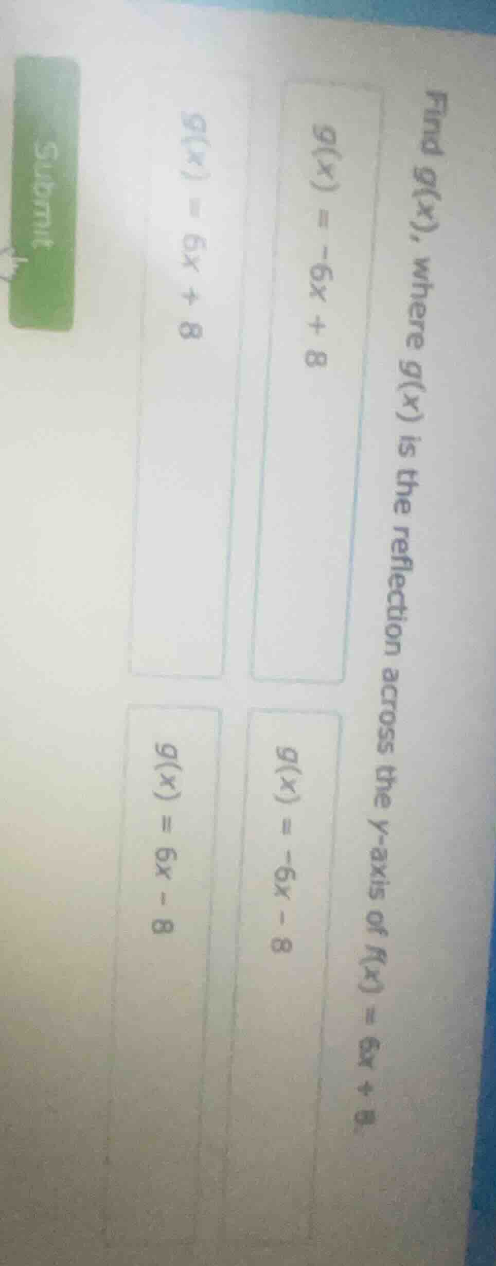 find g(x), where g(x) is the reflection across the y - axis of f(x) = 6…