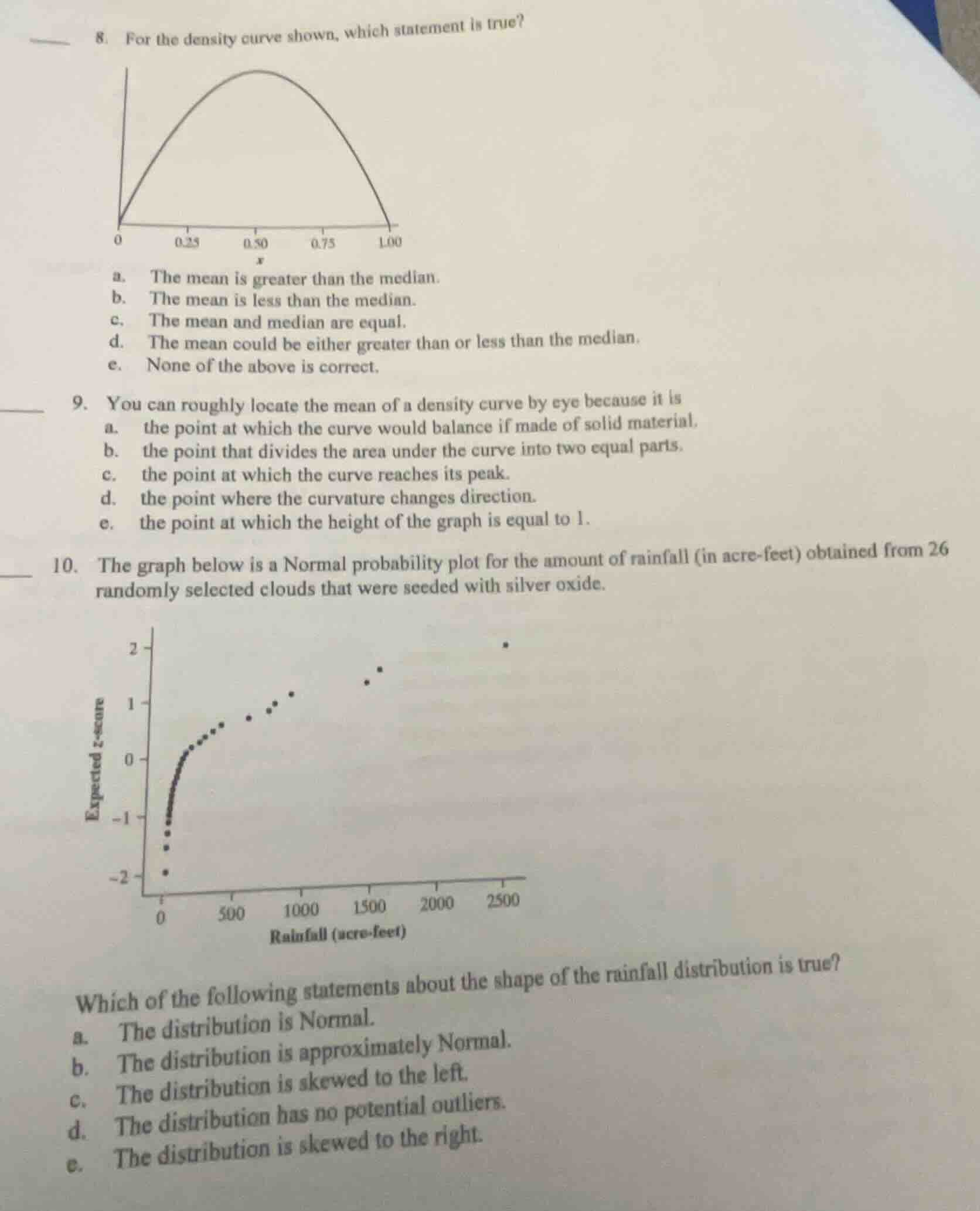 8. for the density curve shown, which statement is true? a. the mean is…