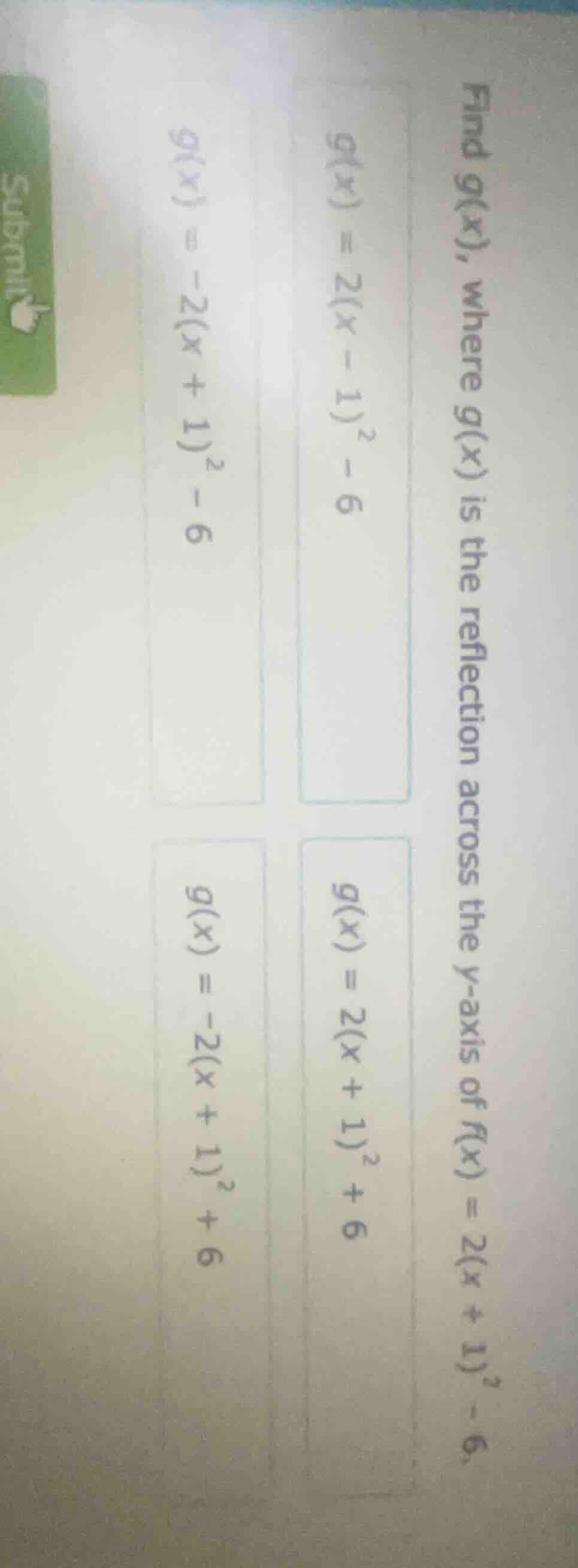 find g(x), where g(x) is the reflection across the y - axis of f(x) = 2…