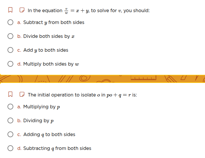 in the equation \\(\\frac{v}{w} = x + y\\), to solve for \\(v\\), you s…
