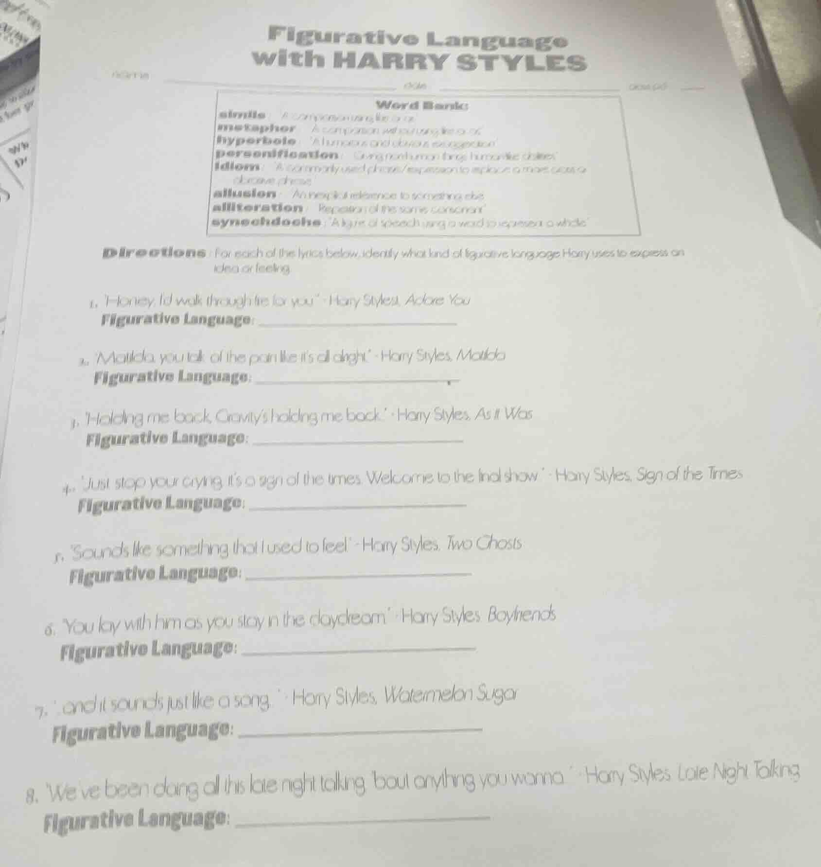 figurative language with harry styles word bank: simile: a comparison u…