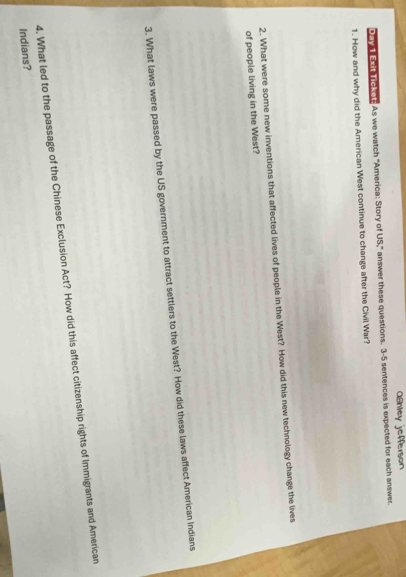day 1 exit ticket: as we watch \america: story of us,\ answer these que…