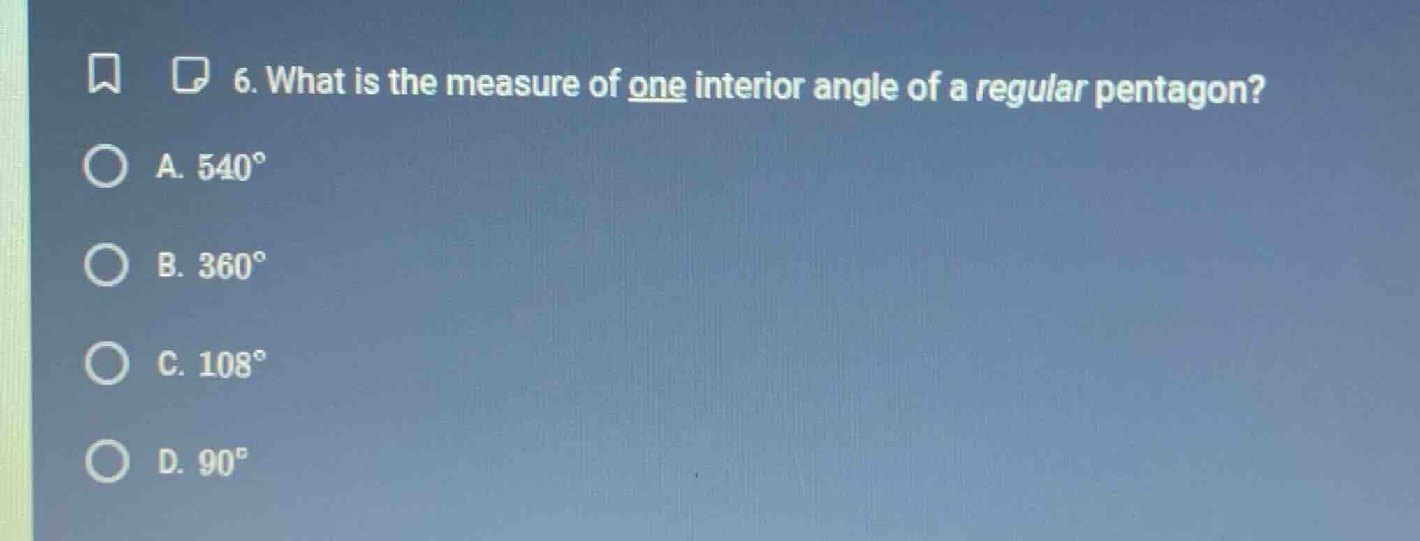 6. what is the measure of one interior angle of a regular pentagon? a. …