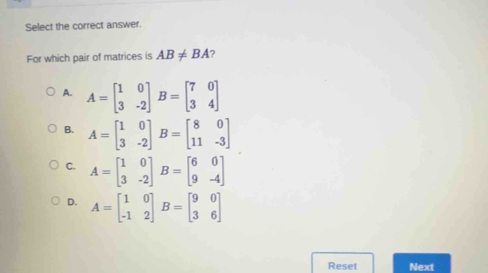 select the correct answer. for which pair of matrices is $ab \ eq ba$ \…