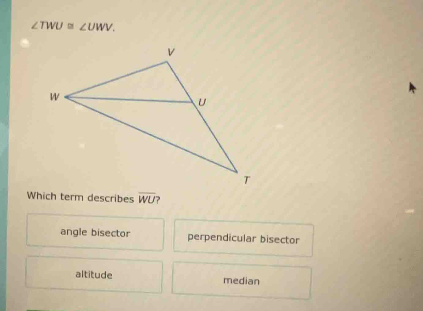 $\\angle twu \\cong \\angle uwv$. which term describes $\\overline{wu}$…