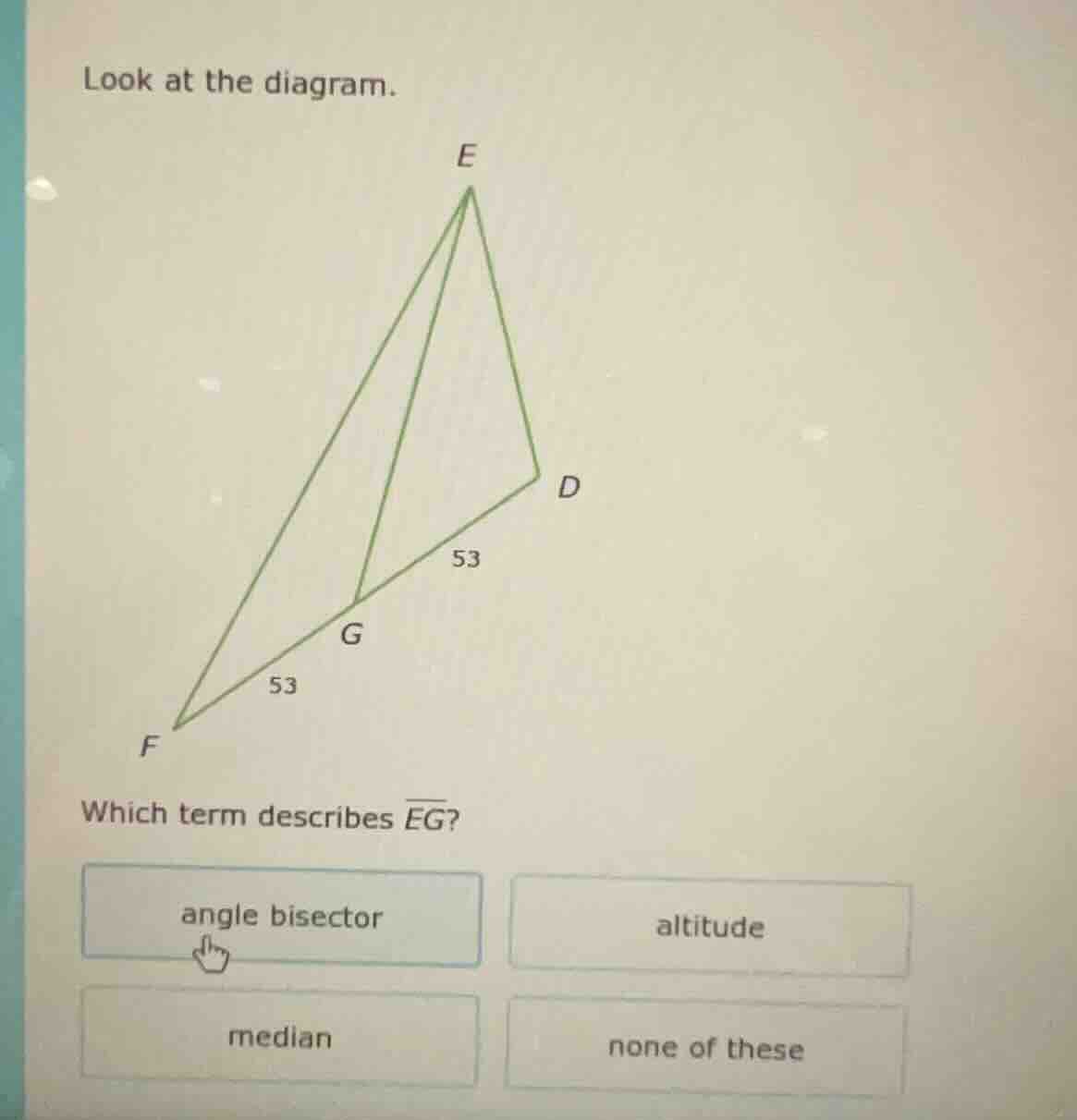 look at the diagram. which term describes \\(\\overline{eg}\\)? options…