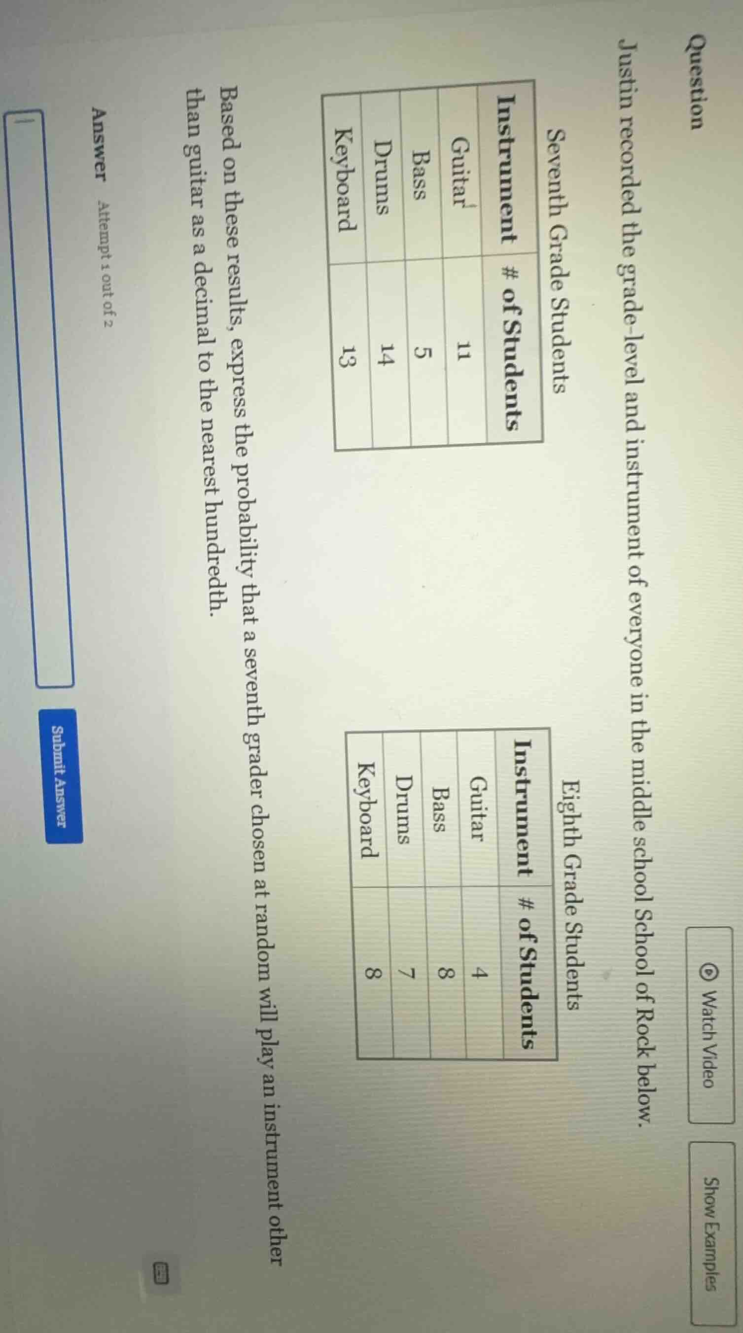 question justin recorded the grade - level and instrument of everyone i…
