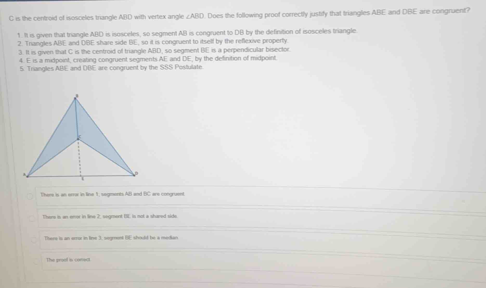 c is the centroid of isosceles triangle abd with vertex angle ∠abd. doe…