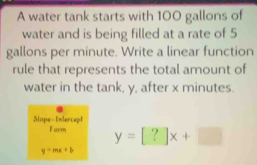 a water tank starts with 100 gallons of water and is being filled at a …
