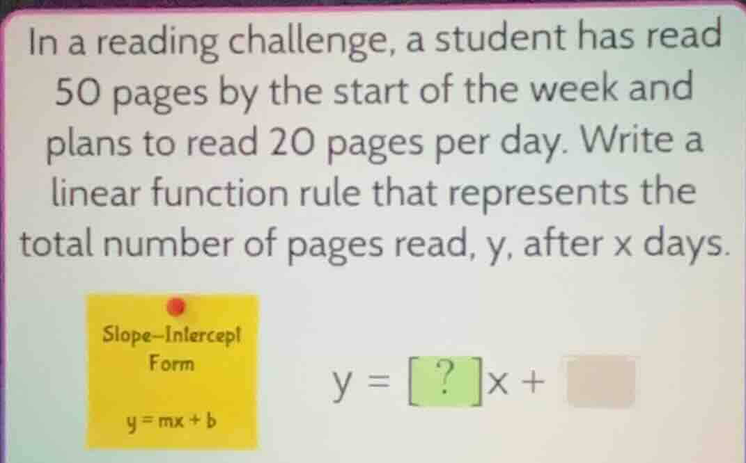 in a reading challenge, a student has read 50 pages by the start of the…
