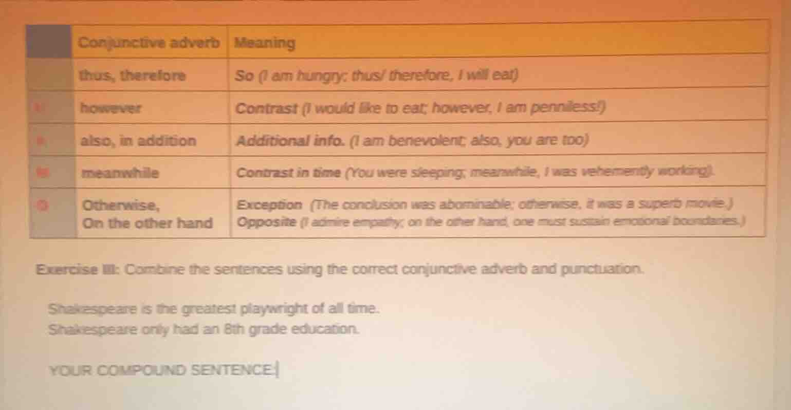 conjunctive adverb | meaning thus, therefore | so (i am hungry; thus/ t…