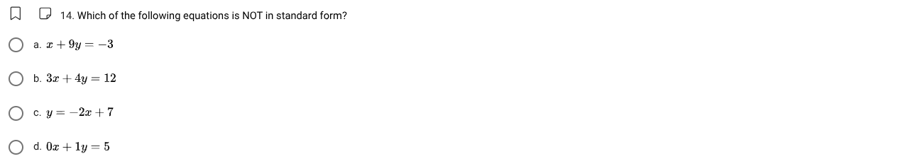 14. which of the following equations is not in standard form? a. ( x + …