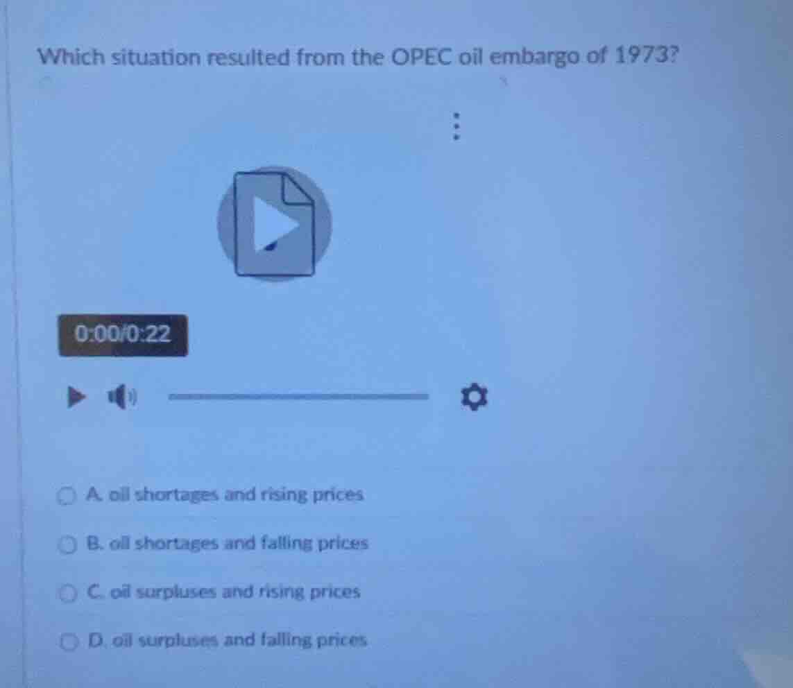 which situation resulted from the opec oil embargo of 1973? a. oil shor…