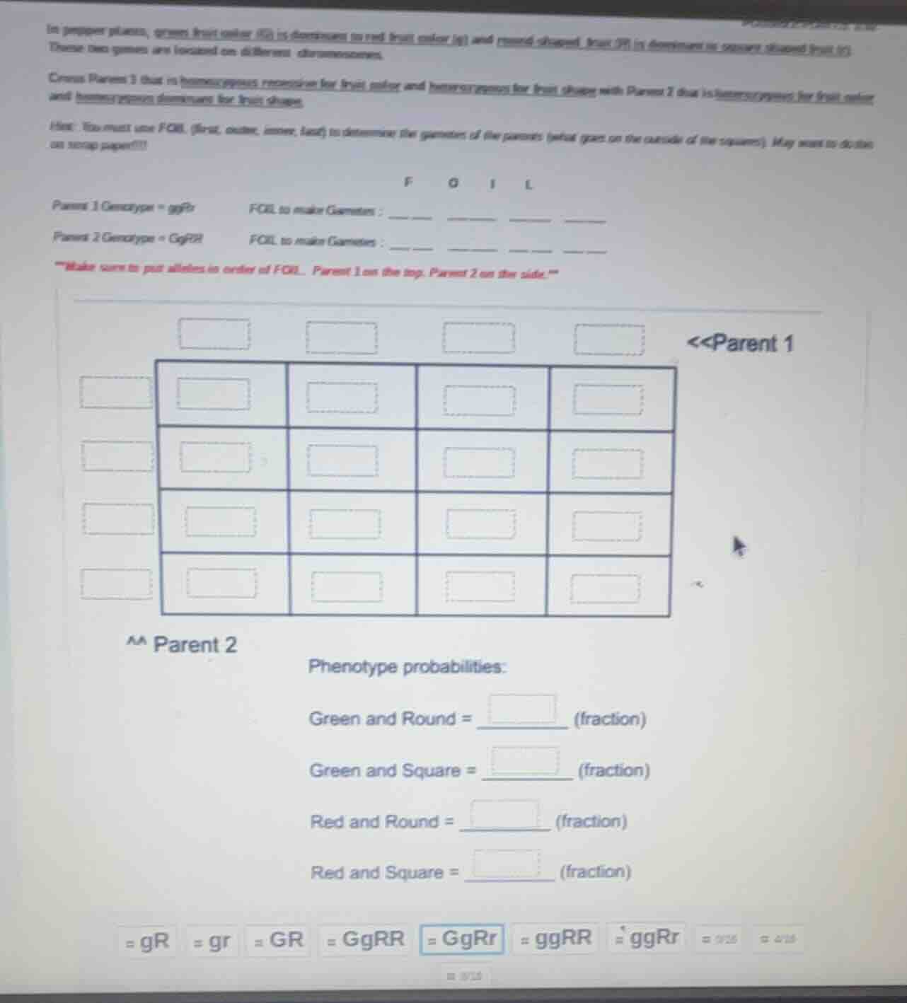 in pepper plants, green fruit color (g) is dominant to red fruit color …