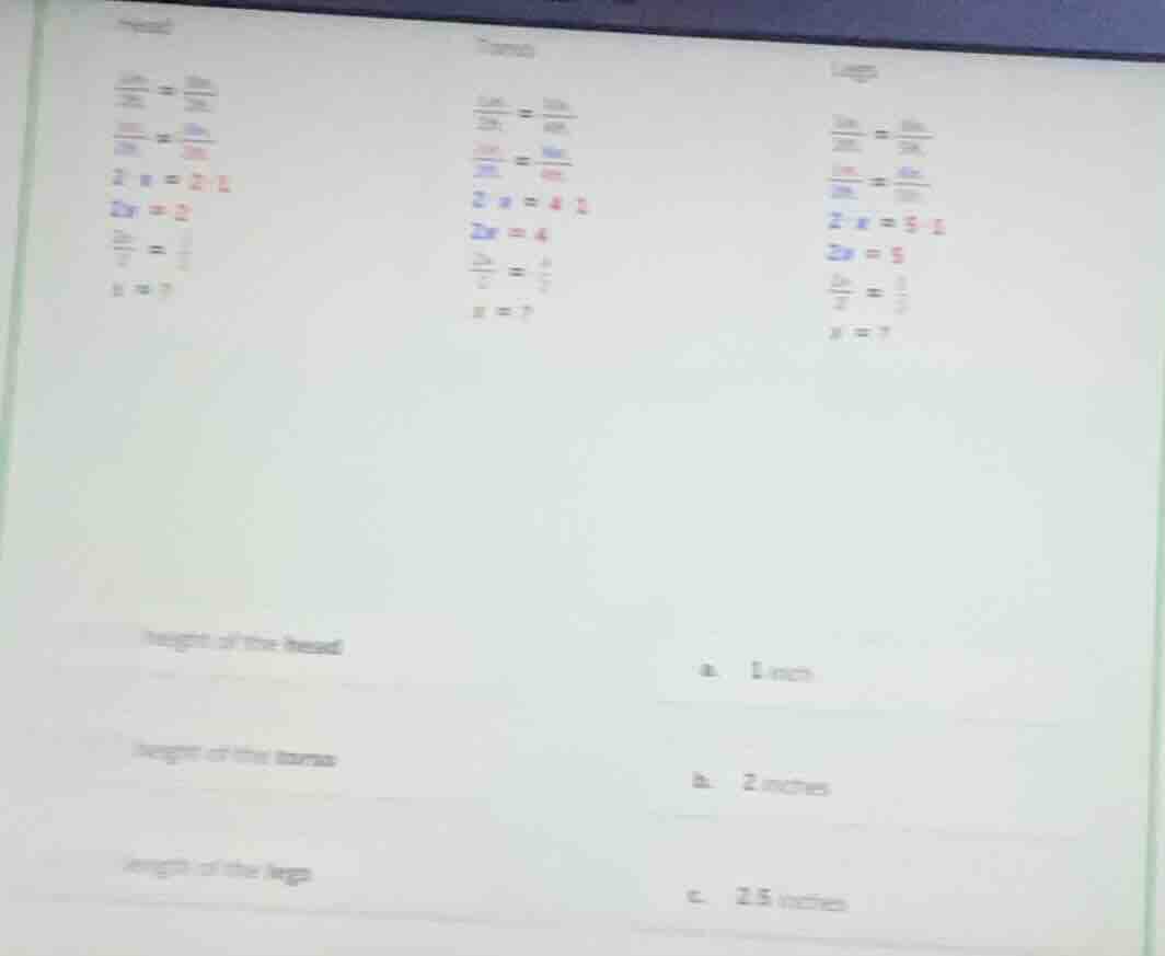 head \\(\\frac{1\\text{in}}{2\\text{in}} = \\frac{1\\text{in}}{2x}\\) \…