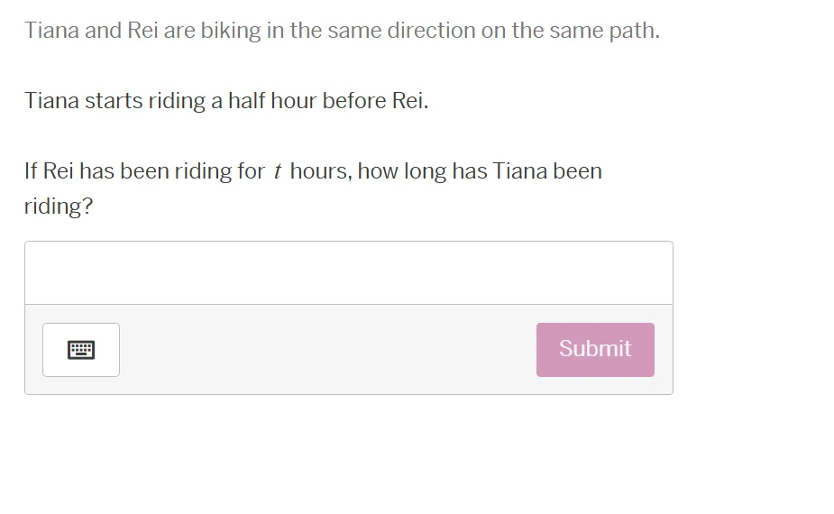 tiana and rei are biking in the same direction on the same path. tiana …